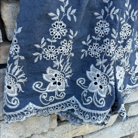 Simple Chambray Eyelet Embroidered Scalloped Romper In Blue Denim Small - Picture 5 of 11